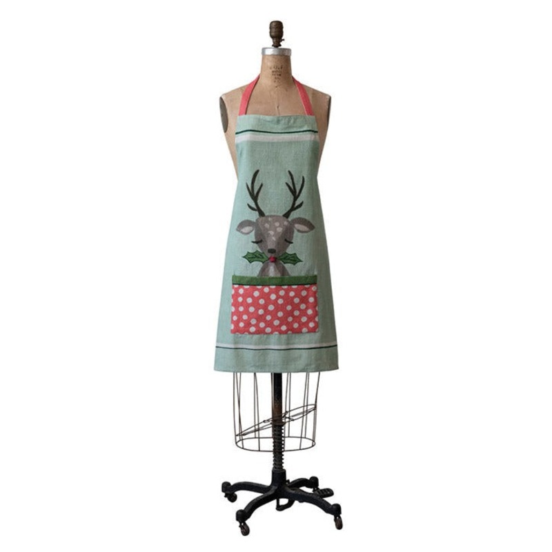 Printed Apron w/ Reindeer, Holly & Polka Dot Pocket