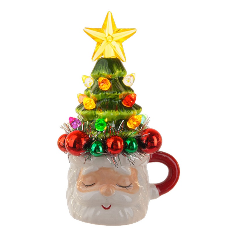 LED Light Up Santa Head in Mug w/Tree Figurine
