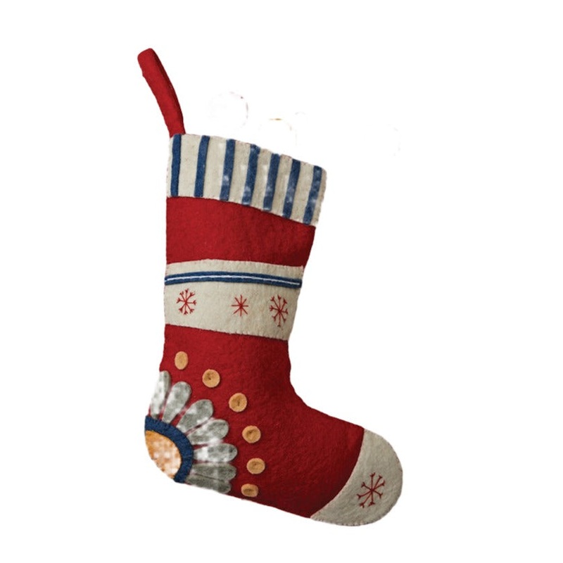 18H Handmade Wool Felt Stocking w/ Embroidered Snowflakes & Flower