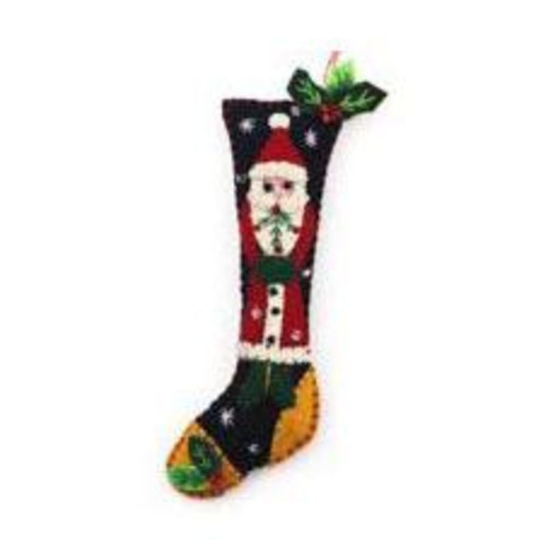 5.5 Black Stocking w/Red Santa Handmade Felt Ornament