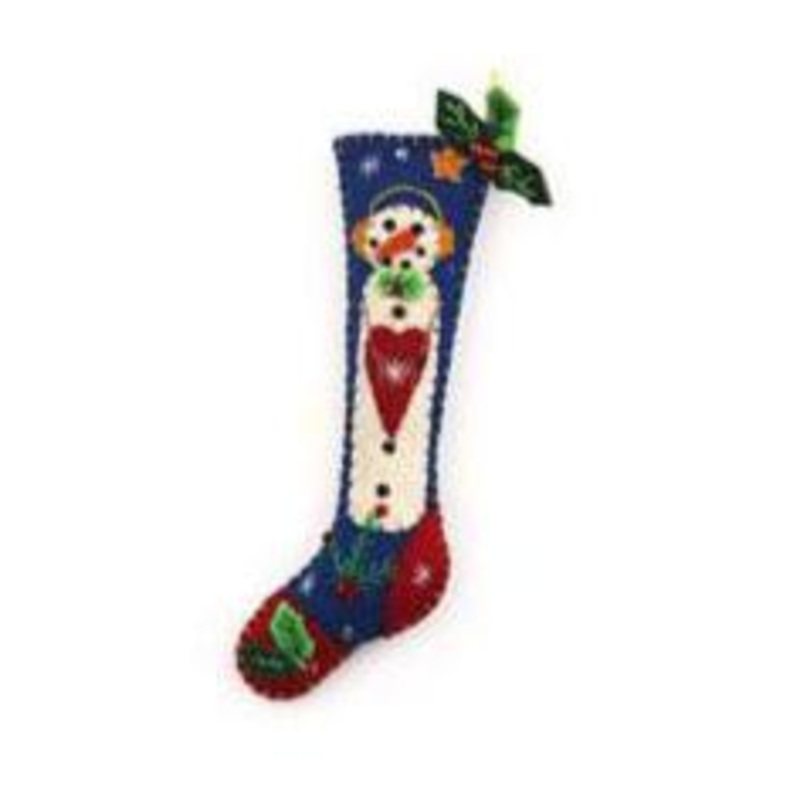 5.5 Blue Stocking w/Snowman Handcrafted Felt Ornament