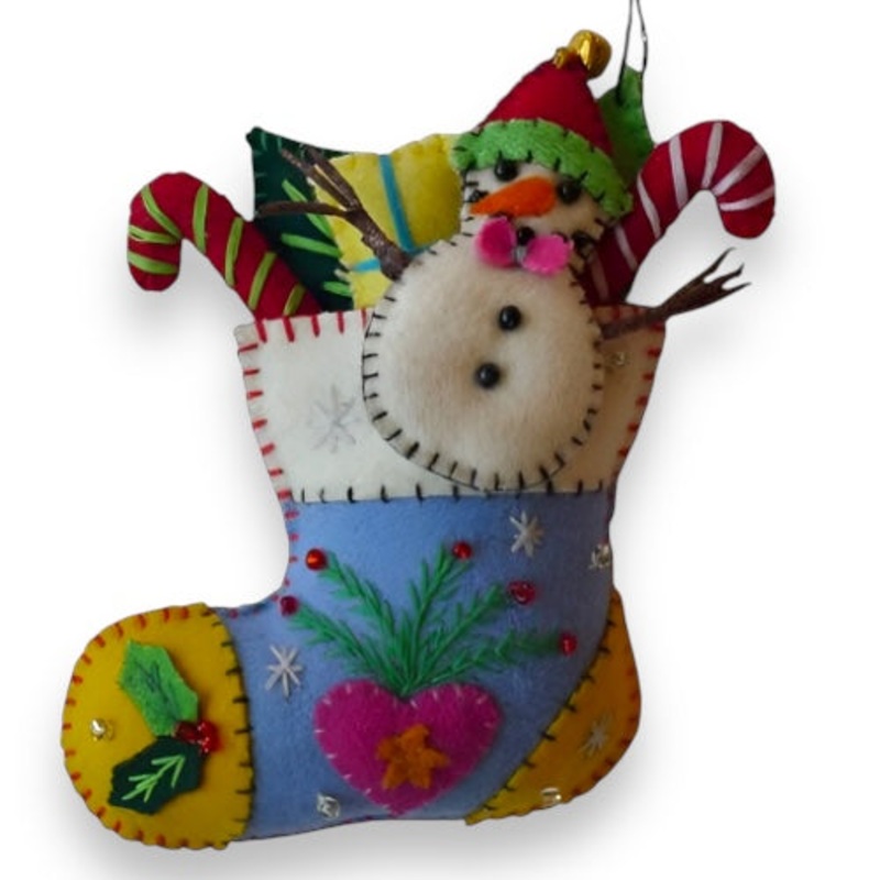 5 Felted Wool Blue Stocking w/ Snowman Ornament