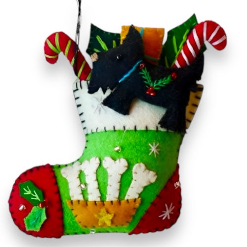 5 Green Stocking w/ Black Dog Felted Wool Ornament