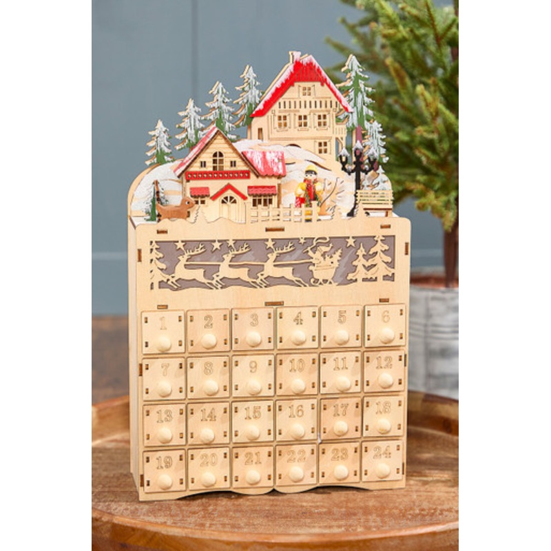 14.1 Lighted Laser Cut Wood Holiday Village Advent Calendar
