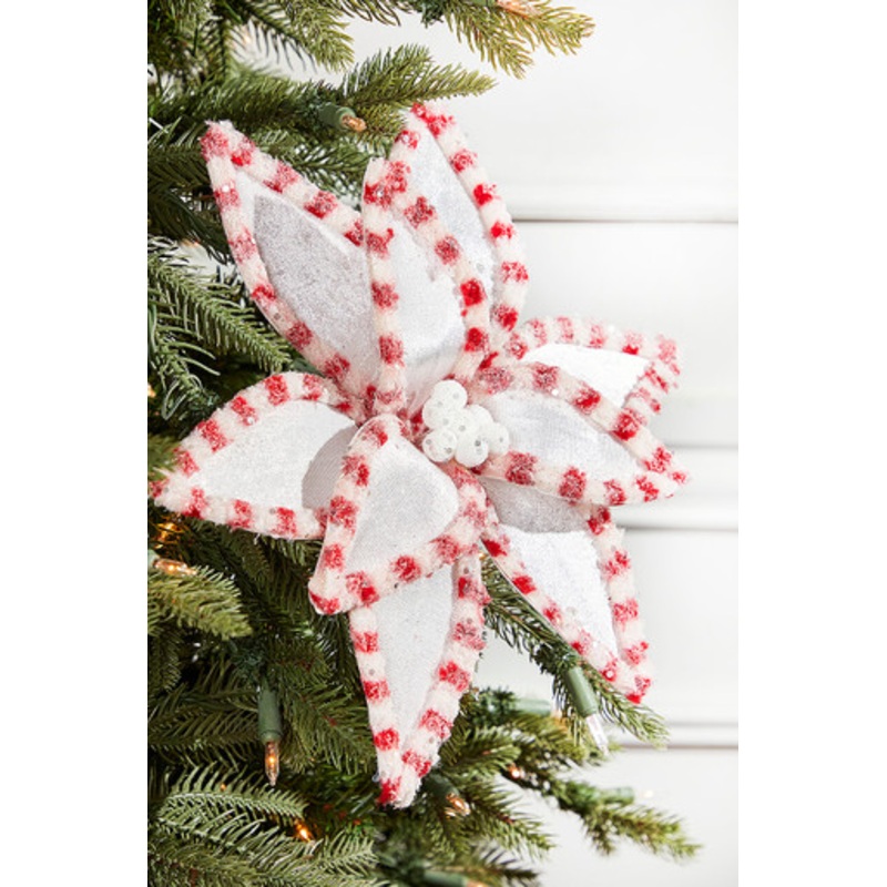 22 Candy with Snowglitter Poinsettia Stem – White/Red Brite