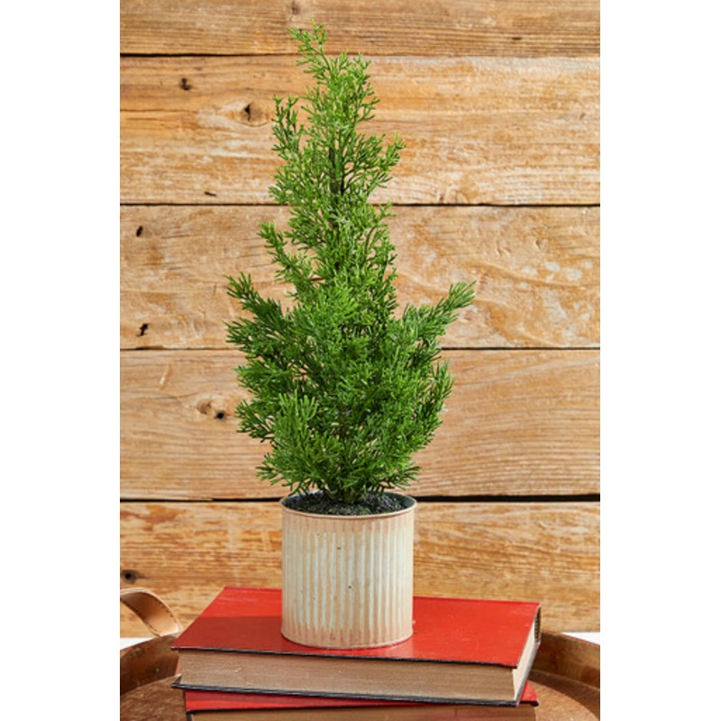 18 Plastic Cypress Tree in Tin Pot