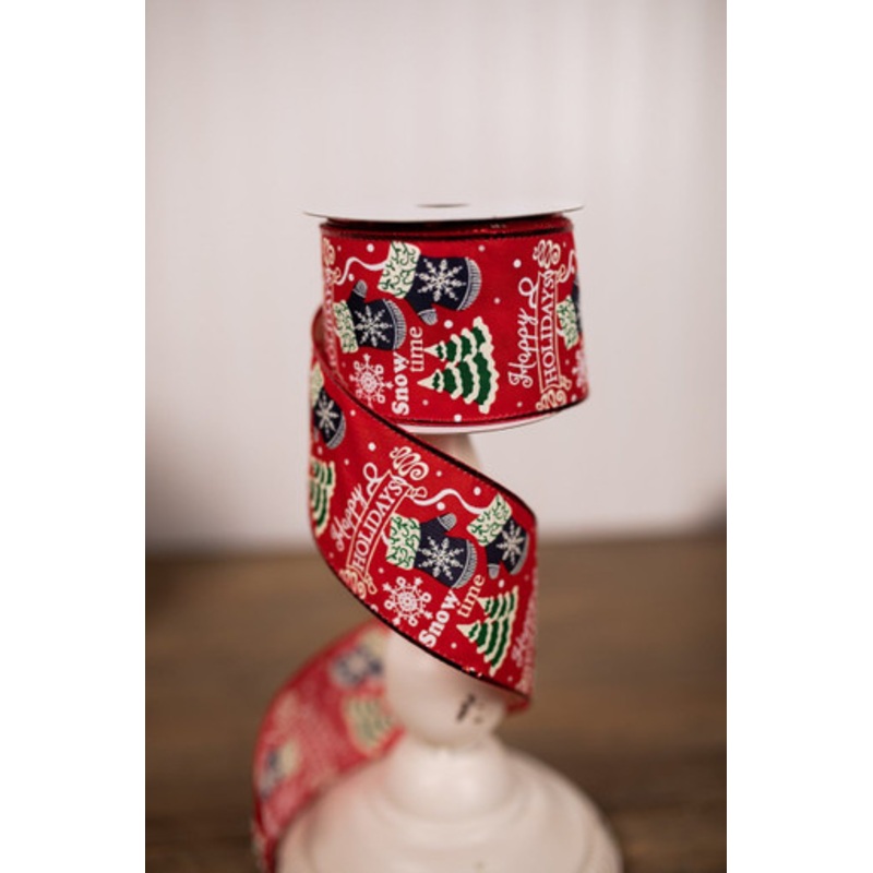 2.5 x 10 Yard Red Happy Holiday Christmas Ribbon