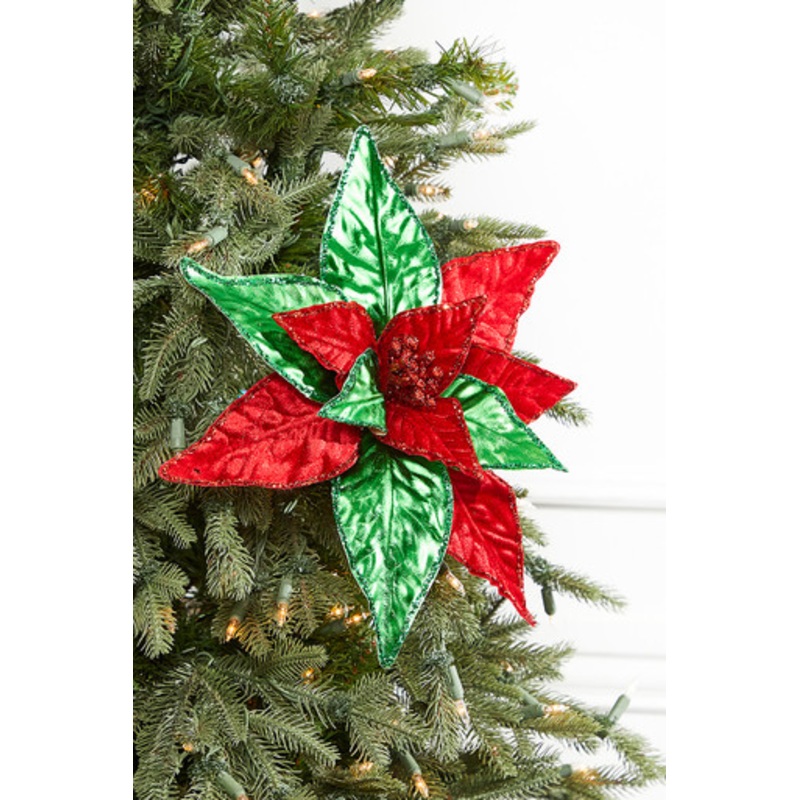 22 Metallic Green and Red Poinsettia Stem