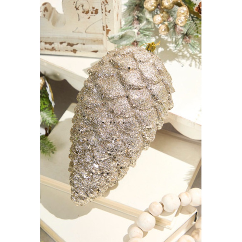 9 Glitter Pine Cone with Hanger – Champagne
