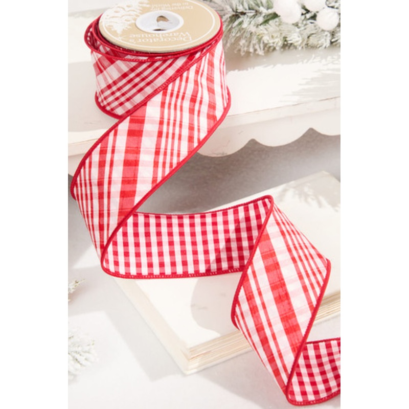 2.5 x 10 Yard Double Sided Red & White Gingham Diagonal Plaid Ribbon