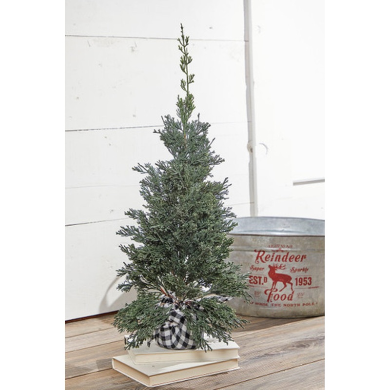 24 Plastic Cedar Tree in Black & White Buffalo Fabric Bucket