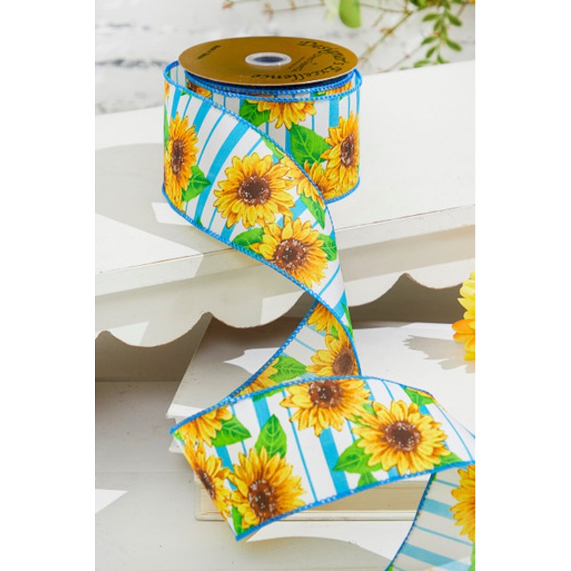 2.5 x 10 Yards Blue Sunflower Ribbon