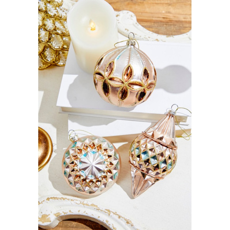 4 – 6 Reflector Pattern Glass Ornament – Champagne and Gold Ball