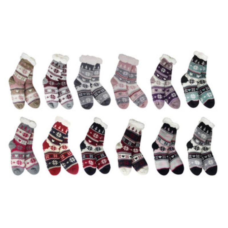 Snowflake, Tree & Heart Knit Thermal Slipper Socks with Non-Slip Grippers