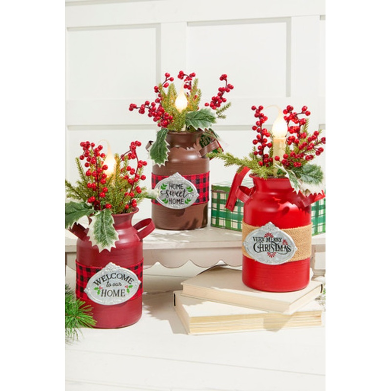 12 Lighted Metal Milk Can with Pine & Berry Arrangement