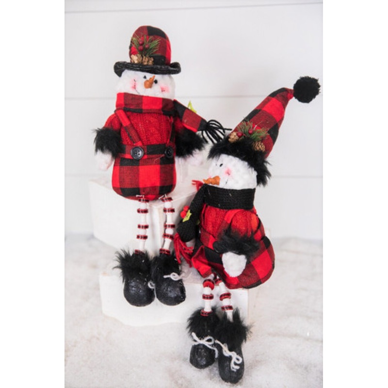 15 Buffalo Check Plush Snowman Shelf Sitter with Dangle Legs