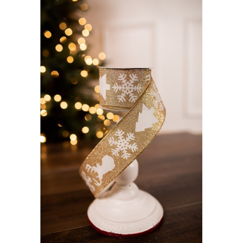2.5 x 10 Yard Gold Reindeer/Snowflake Christmas Ribbon