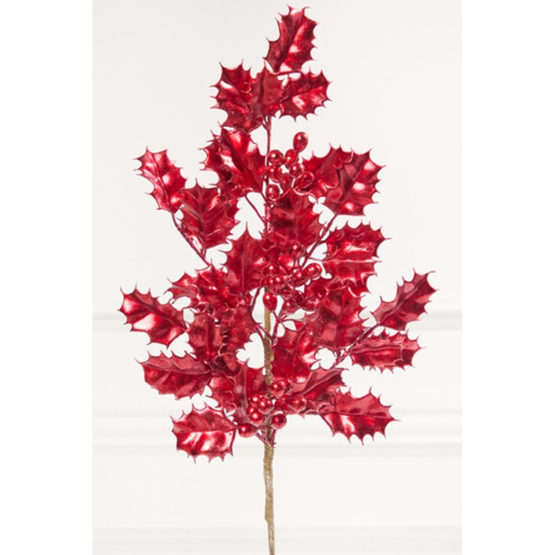 27 Red Metallic Holly Berry Stem