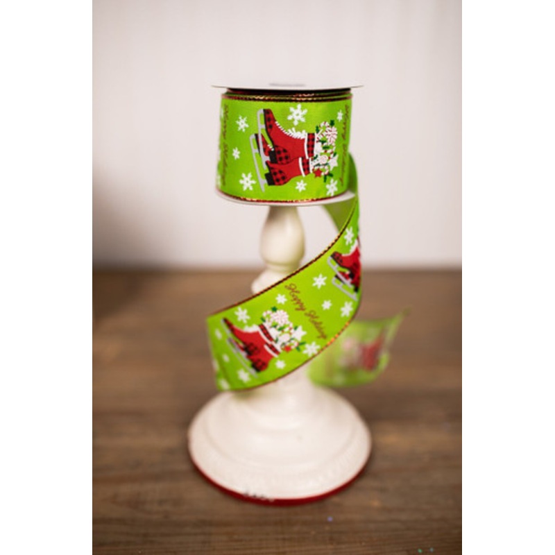 2.5 x 10 Yard Green Happy Holidays Christmas Ribbon