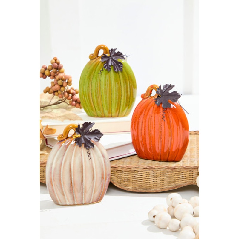 4.7 Dolomite Harvest Pumpkin Figurine with Metal Leaf