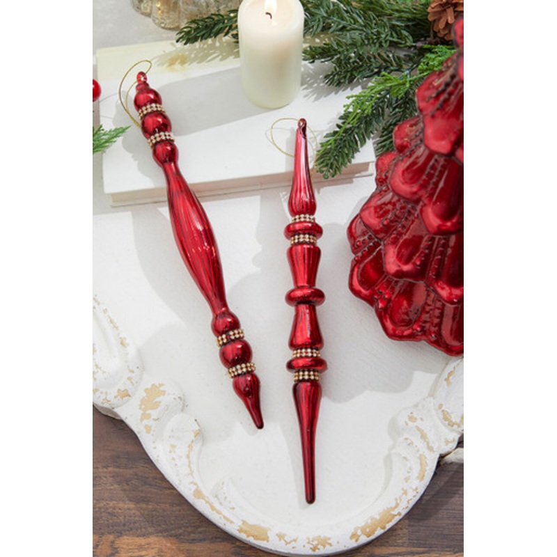 12 Burgundy Glass with Jewel Band Icicle Ornament
