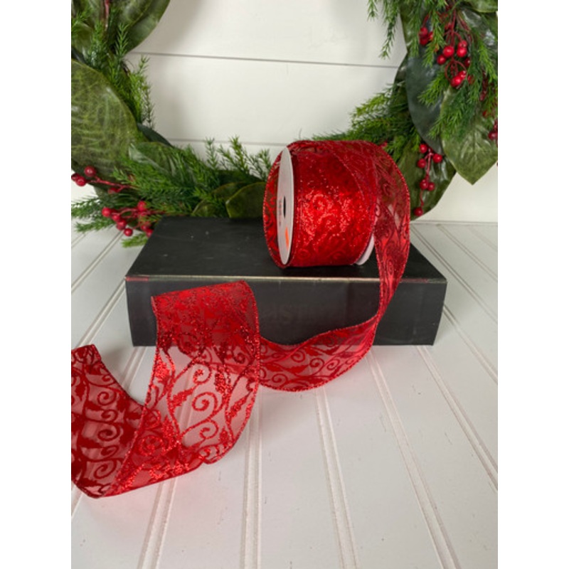 2.5 x 10 Nylon Red Glitter Swirl Christmas Ribbon