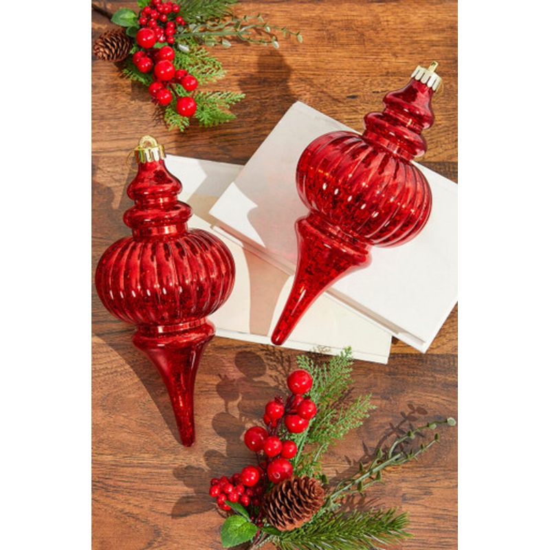 10 Red Mercury Ridged Finial Ornament – Set of 2