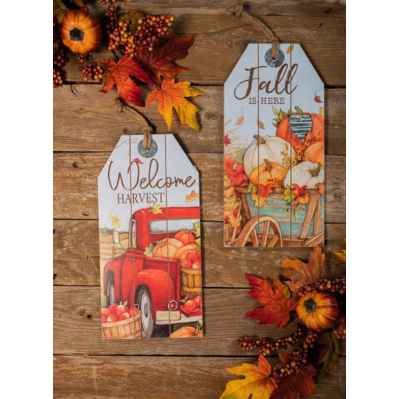 16 Wood Harvest Wall Hanging Decor Red Truck & Pumpkins