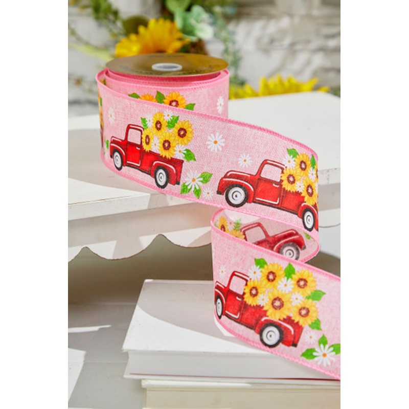2.5 x 10 Yards Truck with Flowers Pink Ribbon