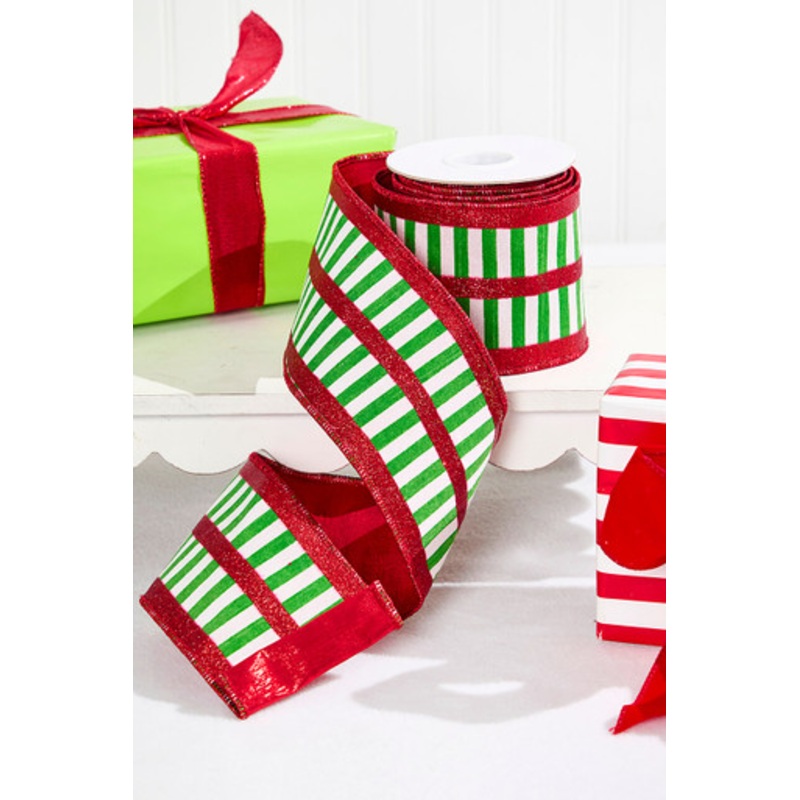 4 x 10 Yard Green and White Striped Ribbon