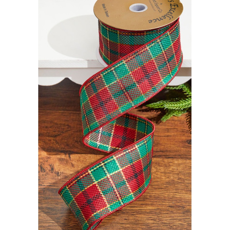 2.5 x 10 Yard Plaid Green/Red/Gold Woven Christmas Ribbon