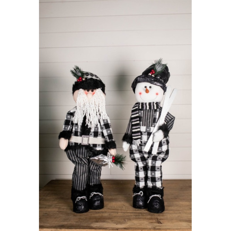 32 Black and White Buffalo Check Santa and Snowman Plush Figurine