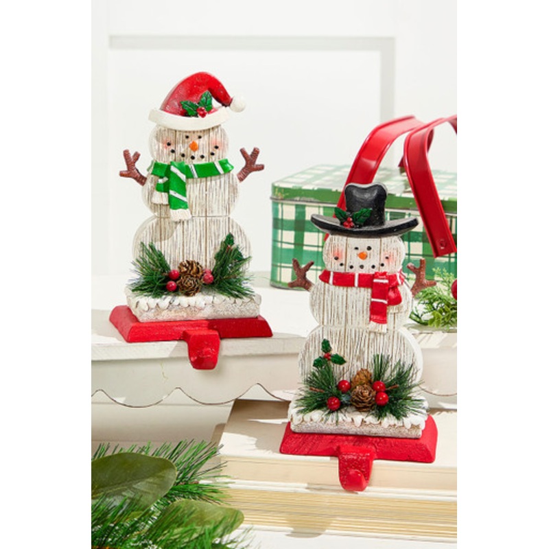 8.25 Snowman Stocking Holder with Pine And Berry Accent