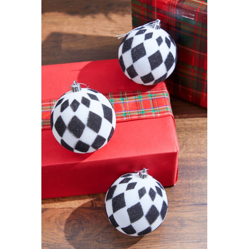 10 Cm Black and White Glitter Harlequin Ball Christmas Ornaments – Set of 3
