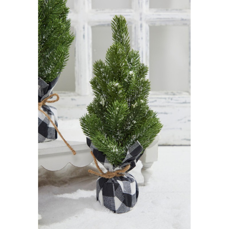 Flocked Pine Tree With Plaid Fabric  – Medium